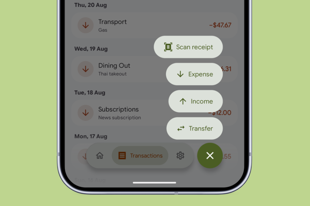 Actions (Expense, Income & Transfer) in Pixel Budget Tracker. Everything stays private in the budget app.