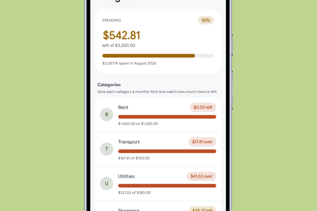 Monthly category budgets with an over-limit bar in Pixel Budget Tracker